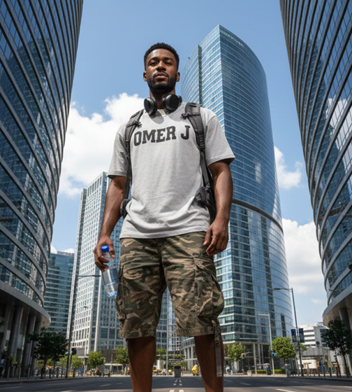 young man standing in the middle of city street